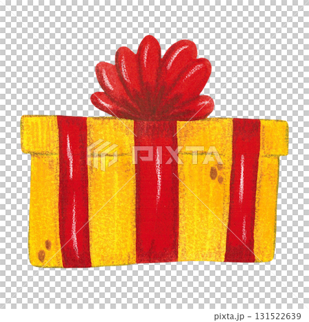 Watercolor yellow gift box with a red ribbon on a white background, cartoon. The illustration is hand drawn. Drawing for stickers, cards, scrapbooking, posters 131522639