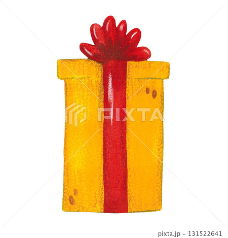Watercolor red gift box with yellow ribbon on a white background, cartoon. The illustration is hand drawn. Drawing for stickers, cards, scrapbooking, posters 131522641