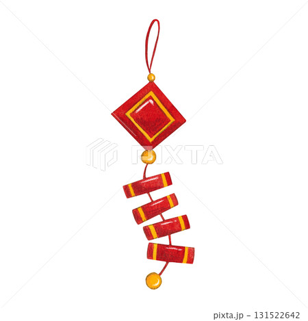 Chinese home decoration for the New Year, pendant. Hand drawn watercolor illustration. Drawing isolated, cartoon for a festive children's design 131522642