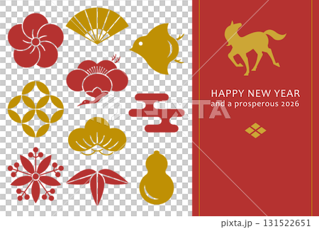 2026 馬年 - 帶有日本圖標和馬的時尚新年賀卡 - 新年快樂 2026 馬年 - 帶有日本圖標和馬的時尚新年賀卡 - 新年快樂 131522651