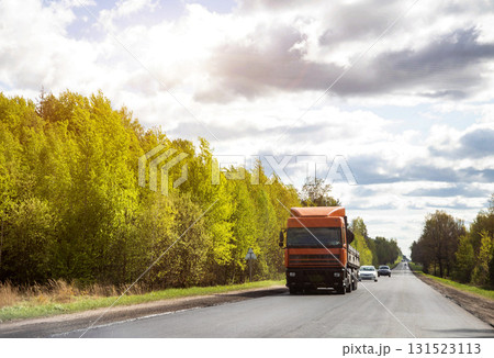 A modern truck transports cargo along a country road against the backdrop of beautiful nature and forest. Freight exchange. Transport and logistics company. Sunny weather. Copy space for text 131523113