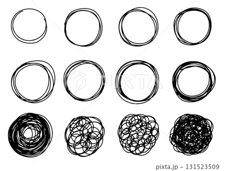 Hand drawn set of messy circles and scribble lines, isolated on white background. Vector doodle illustrations perfect for abstract designs, backgrounds, and creative projects. Hand drawn set of messy circles and scribble lines, isolated on white background. Vector doodle illustrations perfect for abstract designs, backgrounds, and creative projects. 131523509