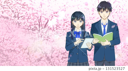 タブレットと本を持つ高校生または中学生の男女のアニメ風イラスト、桜背景、左にコピースペース タブレットと本を持つ高校生または中学生の男女のアニメ風イラスト、桜背景、左にコピースペース 131523527