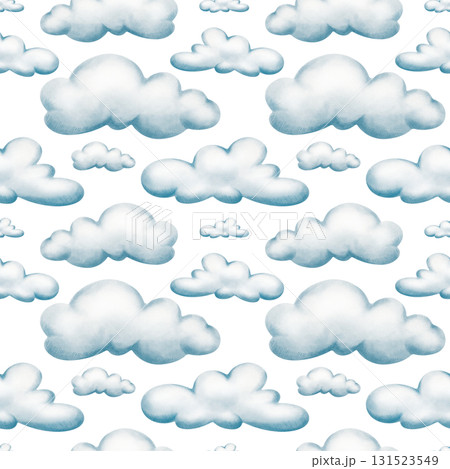 Whimsical gray-blue rain cloud in seamless pattern painted with soft watercolor washes and cheerful colored pencil details.For childrens books,weather-themed projects and playful nursery decor Whimsical gray-blue rain cloud in seamless pattern painted with soft watercolor washes and cheerful colored pencil details.For childrens books,weather-themed projects and playful nursery decor 131523549