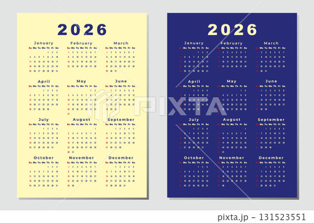 Calendar 2026, Week Starts Sunday, two Page A4. Design Planner Template. Print. Business minimal modern 2026 calendar. Calendar 2026, Week Starts Sunday, two Page A4. Design Planner Template. Print. Business minimal modern 2026 calendar. 131523551