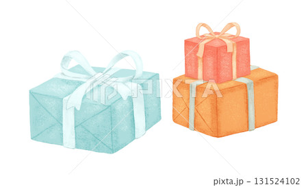 Watercolor gift box with ribbons. Colorful illustration of presents for birthday or Christmas. Watercolor gift box with ribbons. Colorful illustration of presents for birthday or Christmas. 131524102