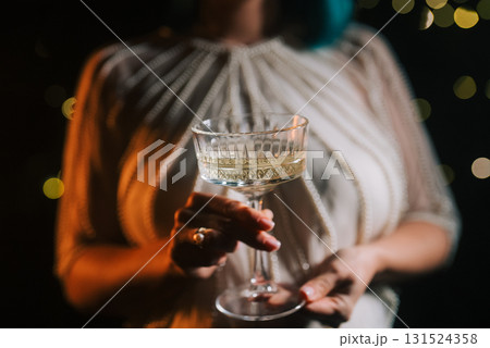 Woman With Champagne In Retro Styled Glass Goblet. Wedding Party Celebration. Woman With Champagne In Retro Styled Glass Goblet. Wedding Party Celebration. 131524358
