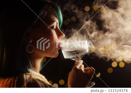 Attractive Woman Drinking Champagne Or Wine From Retro Styled Glass Goblet.party 131524378