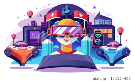 A cutting edge virtual reality arcade concept offering a wide range of immersive VR experiences, utilizing state-of-the-art VR headsets and high-performance computers, creating a thrilling and engagi A cutting edge virtual reality arcade concept offering a wide range of immersive VR experiences, utilizing state-of-the-art VR headsets and high-performance computers, creating a thrilling and engagi 131524409