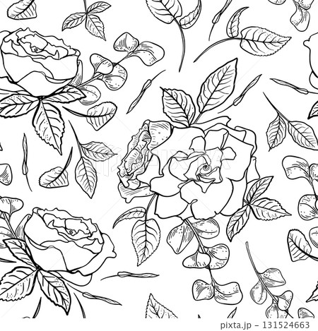 Romantic Floral vector seamless pattern. Black white repeating design with rose bouquets and eucalyptus line art. Monochrome camellia silhouette texture background for textiles. Flowers outline draw. Romantic Floral vector seamless pattern. Black white repeating design with rose bouquets and eucalyptus line art. Monochrome camellia silhouette texture background for textiles. Flowers outline draw. 131524663