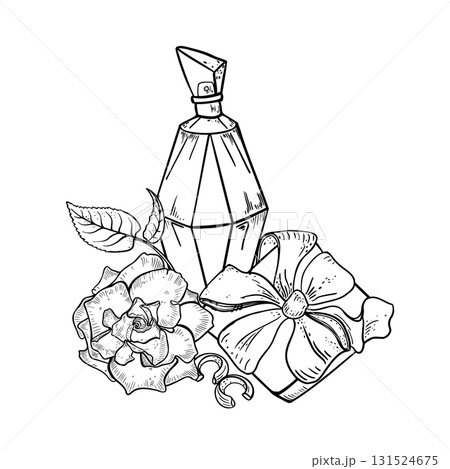 Women's day vector drawing black white Perfume bottle, flower and jewelry with gift box. Monochrome line art for Mother's Day greetings. Print with flowers and girls items. Women's day vector drawing black white Perfume bottle, flower and jewelry with gift box. Monochrome line art for Mother's Day greetings. Print with flowers and girls items. 131524675