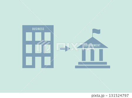 Business to government vector illustration depicts corporate office arrow to capitol building with flag for B2G partnerships, regulatory compliance, and public-private sector collaboration 131524797
