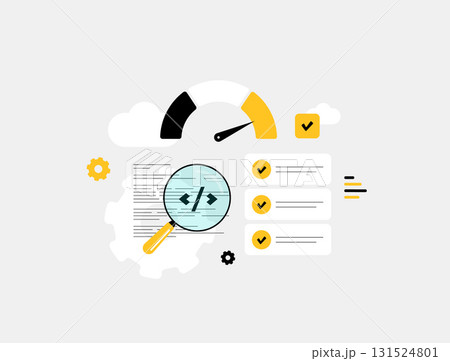 Code optimization inspection reveals performance boosts via magnifying glass on scripts, speed gauge, gears, and verified checklists in software development. Technical seo optimization illustration 131524801