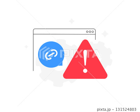 Phishing warning icon alert. Browser chat with suspicious sync link and red warning triangle, signaling scam risks in digital messaging and online fraud prevention. Scam alert vector illustration 131524803