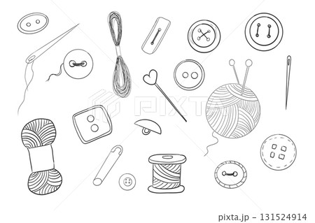 Sewing set with thread, needle buttons doodle hand drawn. Handmade crafts embroidery collection. Vintage tailor kit. Sewing accessories 131524914
