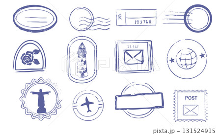 Stamp retro postage seal, postmark with plane, lemon, mountain doodle vintage decoration for scrapbook. Air mail tourism travel postcard. 131524915