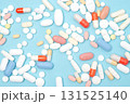 Various pills flat lay, top view on blue background, healthcare, medication, pharmacy, and medical concept 131525140