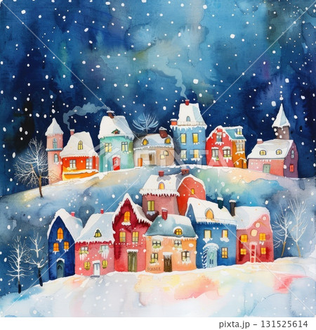 Colorful winter village scene with snow-covered houses and starry night sky illustration 131525614