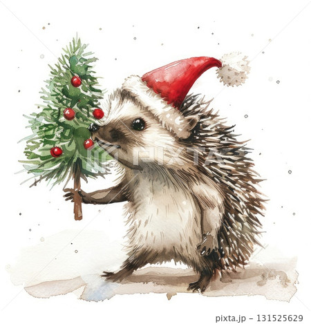 Adorable hedgehog wearing a Santa hat holding a small Christmas tree in a festive illustration 131525629