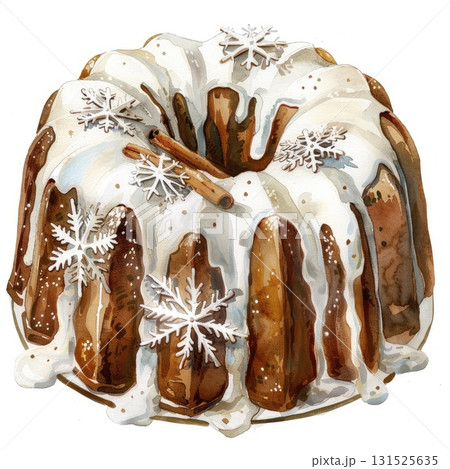 Delicious bundt cake with icing, cinnamon sticks, and snowflake decorations for festive occasions 131525635