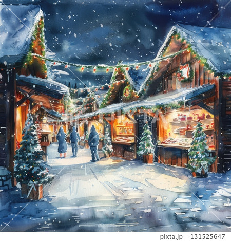 Winter market scene with illuminated stalls and snow-covered trees creating a festive atmosphere Winter market scene with illuminated stalls and snow-covered trees creating a festive atmosphere 131525647