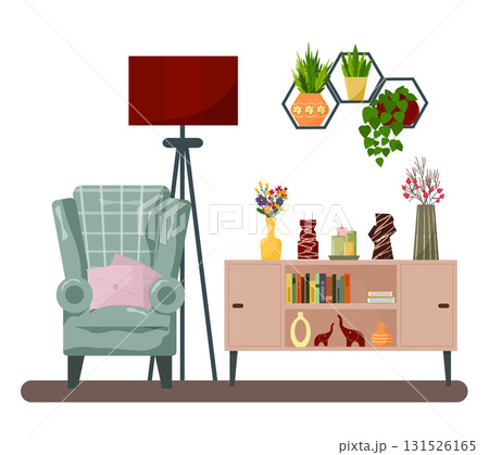 A cozy living room interior with an armchair and a floor lamp. A low cabinet with books, vases of flowers, and home decor items. Shelves with green houseplants. Contemporary design for living. 131526165