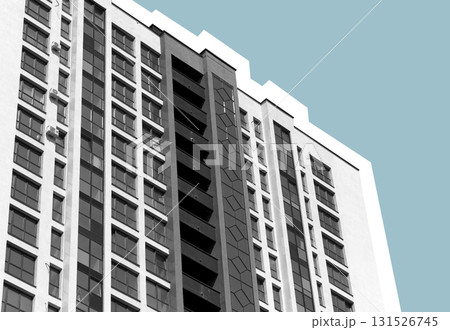 Contemporary multistory building with glass facade and balconies in sunny metropolitan neighborhood. Contemporary multistory building with glass facade and balconies in sunny metropolitan neighborhood. 131526745