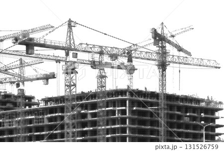 Halftone monochrome view of construction cranes over high rise concrete structure in urban district. 131526759