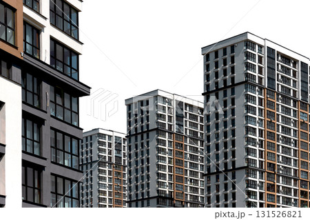 Modern highrise condominium complex in developing metropolitan district. Tall multistorey 131526821