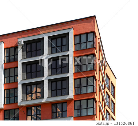 Multi storey building in urban metropolis. Tall highrise apartment block with balconies, concrete 131526861