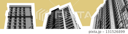 Tall apartment building with geometric monochrome facade. Modern high rise residential tower in 131526899
