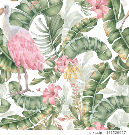 Tropical paradise watercolor neutral seamless pattern isolated. Spoonbill among banana leaves and hibiscus hand painted. Exotic bird lush foliage for Hawaii style wallpaper. Beach textile design. 131526927