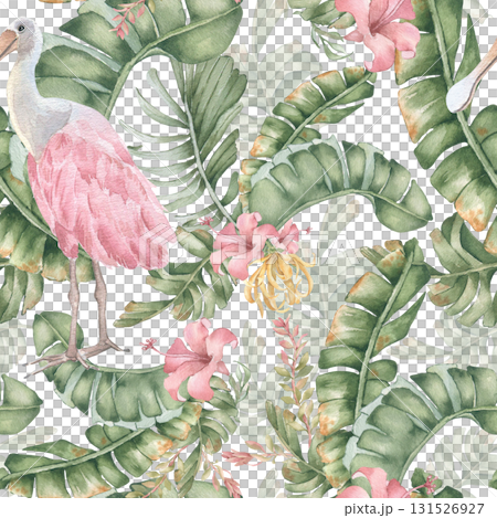 Tropical paradise watercolor neutral seamless pattern isolated. Spoonbill among banana leaves and hibiscus hand painted. Exotic bird lush foliage for Hawaii style wallpaper. Beach textile design. 131526927