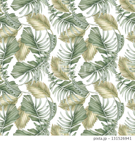 Tropical palm leaf watercolor seamless print isolated on white. Fan palm fronds in warm olive colors hand painted. Jungle repeated pattern for swimwear fabric, gift wrap, boho style textile. 131526941
