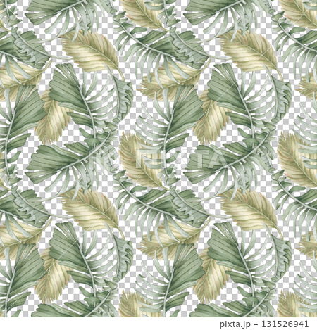 Tropical palm leaf watercolor seamless print isolated on white. Fan palm fronds in warm olive colors hand painted. Jungle repeated pattern for swimwear fabric, gift wrap, boho style textile. 131526941