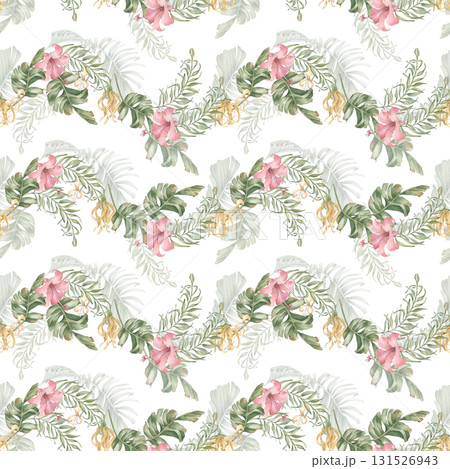 Tropical botanical seamless print isolated on white. Lush palm leaves with pink and yellow flowers watercolor soft palettes. Hand drawn tropical repeat pattern Hawaii style for bedding, wallpaper. Tropical botanical seamless print isolated on white. Lush palm leaves with pink and yellow flowers watercolor soft palettes. Hand drawn tropical repeat pattern Hawaii style for bedding, wallpaper. 131526943