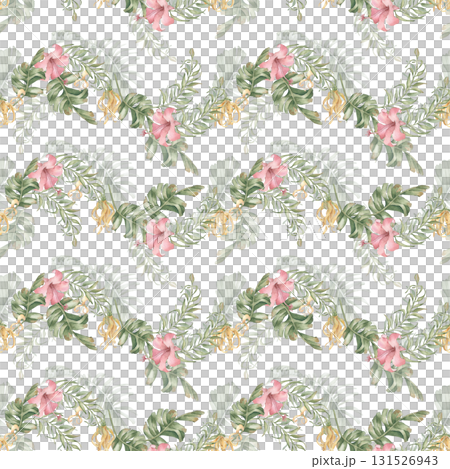 Tropical botanical seamless print isolated on white. Lush palm leaves with pink and yellow flowers watercolor soft palettes. Hand drawn tropical repeat pattern Hawaii style for bedding, wallpaper. Tropical botanical seamless print isolated on white. Lush palm leaves with pink and yellow flowers watercolor soft palettes. Hand drawn tropical repeat pattern Hawaii style for bedding, wallpaper. 131526943