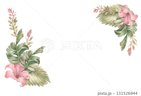 Tropical watercolor corner frame isolated on white. Lush hibiscus blooms and palm leaves in soft pink and sage green hand drawn. Floral border, jungle foliage for boho wedding invitations, spa menus. 131526944