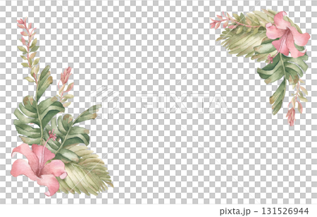 Tropical watercolor corner frame isolated on white. Lush hibiscus blooms and palm leaves in soft pink and sage green hand drawn. Floral border, jungle foliage for boho wedding invitations, spa menus. 131526944