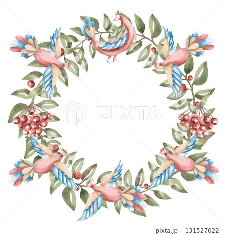 A stylized round frame with rowan branches and fairytale flying birds. Isolated watercolor illustration for tableware, kitchen linens, plate printing, clothing, fabric, and children's room design. A stylized round frame with rowan branches and fairytale flying birds. Isolated watercolor illustration for tableware, kitchen linens, plate printing, clothing, fabric, and children's room design. 131527022