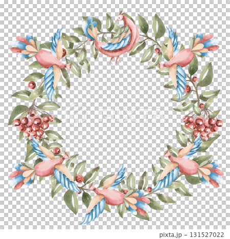 A stylized round frame with rowan branches and fairytale flying birds. Isolated watercolor illustration for tableware, kitchen linens, plate printing, clothing, fabric, and children's room design. 131527022