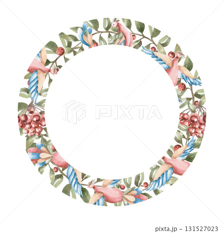 A stylized round frame with rowan branches and fairytale birds. Isolated watercolor illustration for tableware, kitchen linens, plate printing, clothing, fabric, and children's room design. A stylized round frame with rowan branches and fairytale birds. Isolated watercolor illustration for tableware, kitchen linens, plate printing, clothing, fabric, and children's room design. 131527023