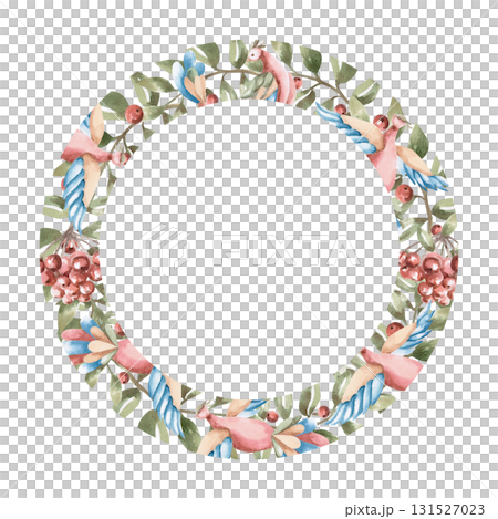 A stylized round frame with rowan branches and fairytale birds. Isolated watercolor illustration for tableware, kitchen linens, plate printing, clothing, fabric, and children's room design. 131527023
