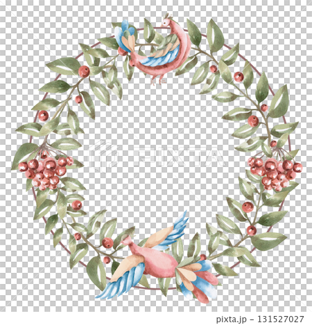 A stylized wreath with rowan branches and fairytale birds. Isolated watercolor illustration for tableware, kitchen linens, plate printing, clothing, fabric, and children's room design. 131527027
