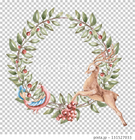 A wreath with twigs of scaly-flowered berries, a fairy bird, and a deer. Isolated watercolor illustration for children's educational materials, postcards, clothing, fabric, and nursery design. A wreath with twigs of scaly-flowered berries, a fairy bird, and a deer. Isolated watercolor illustration for children's educational materials, postcards, clothing, fabric, and nursery design. 131527033
