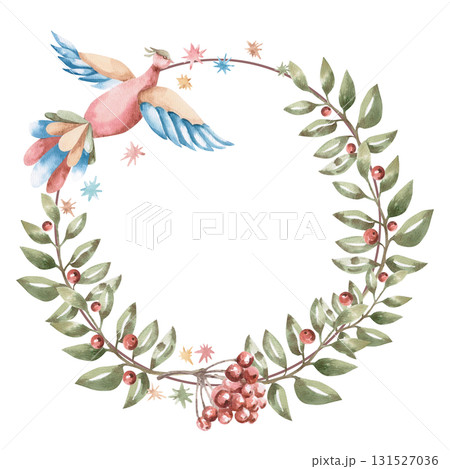 A round frame with a flying fairy bird, a rowan branch, and stars. Isolated watercolor illustration for children's educational materials, postcards, clothing, fabric, and nursery design. A round frame with a flying fairy bird, a rowan branch, and stars. Isolated watercolor illustration for children's educational materials, postcards, clothing, fabric, and nursery design. 131527036