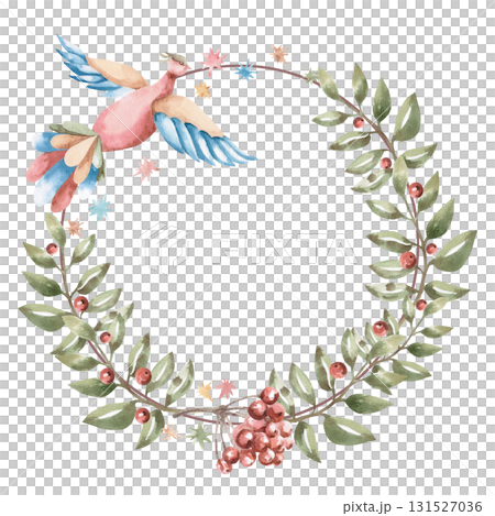 A round frame with a flying fairy bird, a rowan branch, and stars. Isolated watercolor illustration for children's educational materials, postcards, clothing, fabric, and nursery design. A round frame with a flying fairy bird, a rowan branch, and stars. Isolated watercolor illustration for children's educational materials, postcards, clothing, fabric, and nursery design. 131527036