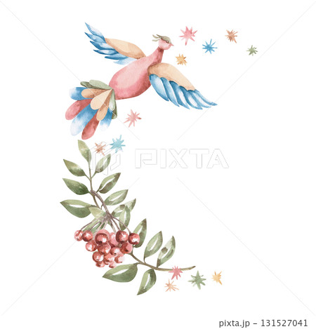 A flying fairytale bird with a rowan branch and stars. Isolated watercolor illustration for children's educational materials, postcards, clothing, fabric, and nursery design. 131527041