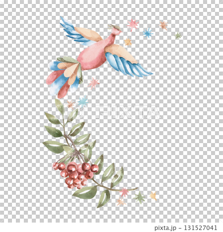 A flying fairytale bird with a rowan branch and stars. Isolated watercolor illustration for children's educational materials, postcards, clothing, fabric, and nursery design. 131527041