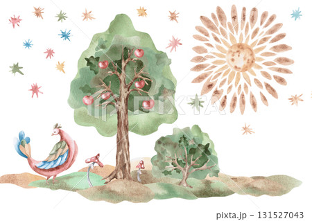 A stylized landscape with an apple tree, a fairy bird, and the moon in a dark sky. Isolated watercolor illustration for children's educational materials, postcards, and nursery design. A stylized landscape with an apple tree, a fairy bird, and the moon in a dark sky. Isolated watercolor illustration for children's educational materials, postcards, and nursery design. 131527043